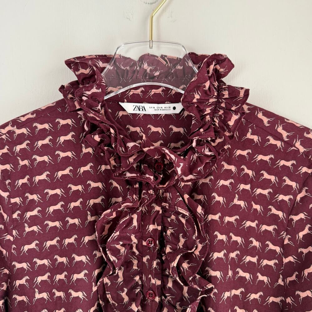 Zara Horse Print Shirt Ruffle Trim Women Size XL Burgundy Maroon Pink Slim Fit - Picture 7 of 7